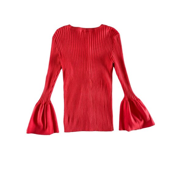 Cabi Trumpet Cardigan Medium Red Orange Sweater Bell Sleeves Snaps Ribbed 5285 - Picture 9 of 11